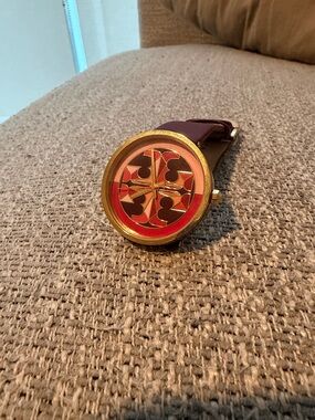 Tory Burch Gold-Tone Watch with Red and Brown Logo Dial